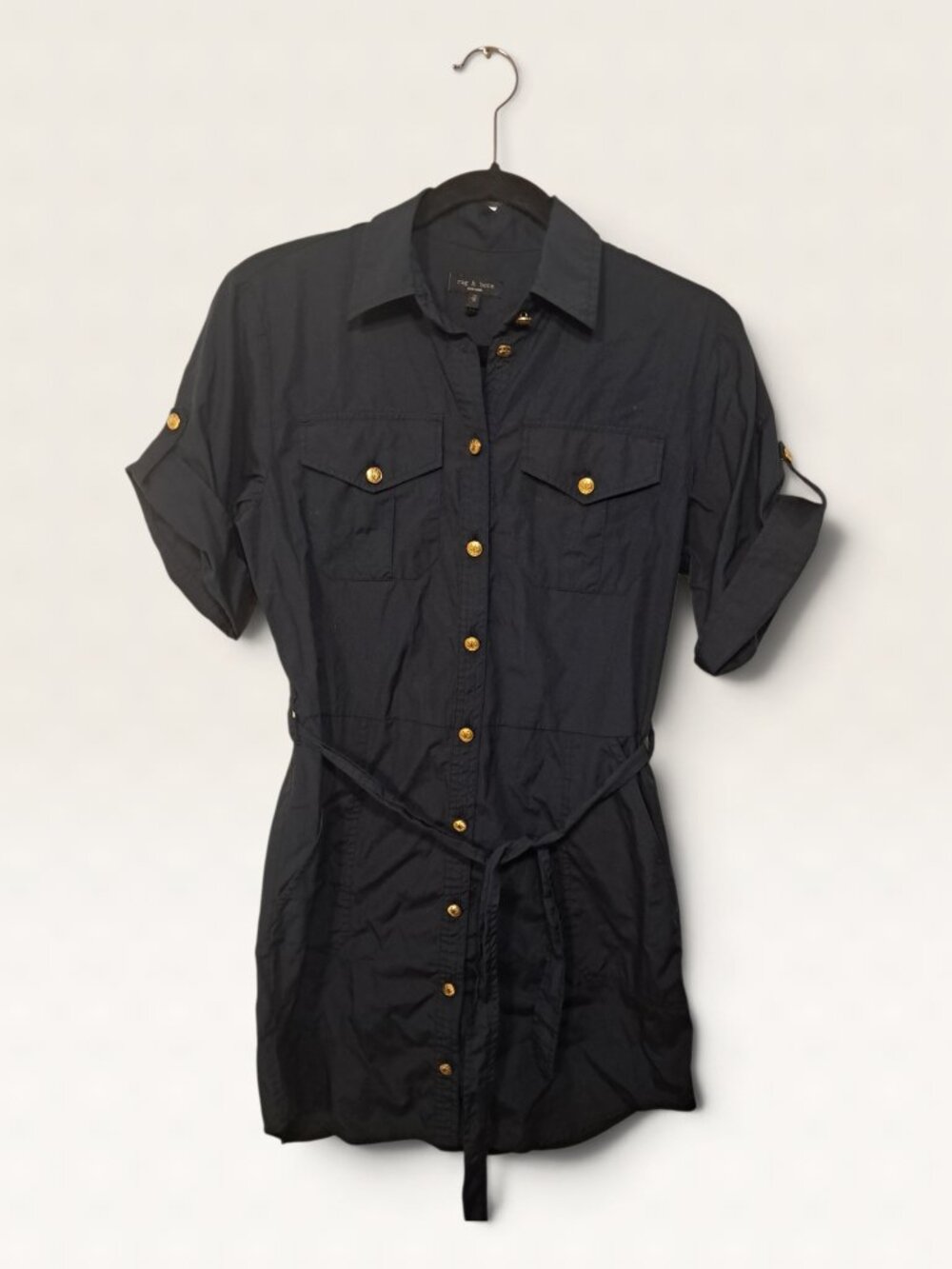 Rag & Bone Navy Blue Military Utility Shirt Dress Gold Buttons XS
